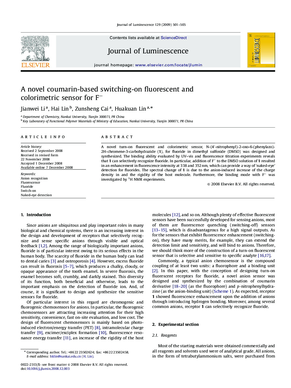 A novel coumarin-based switching-on fluorescent and colorimetric sensor for Fâ