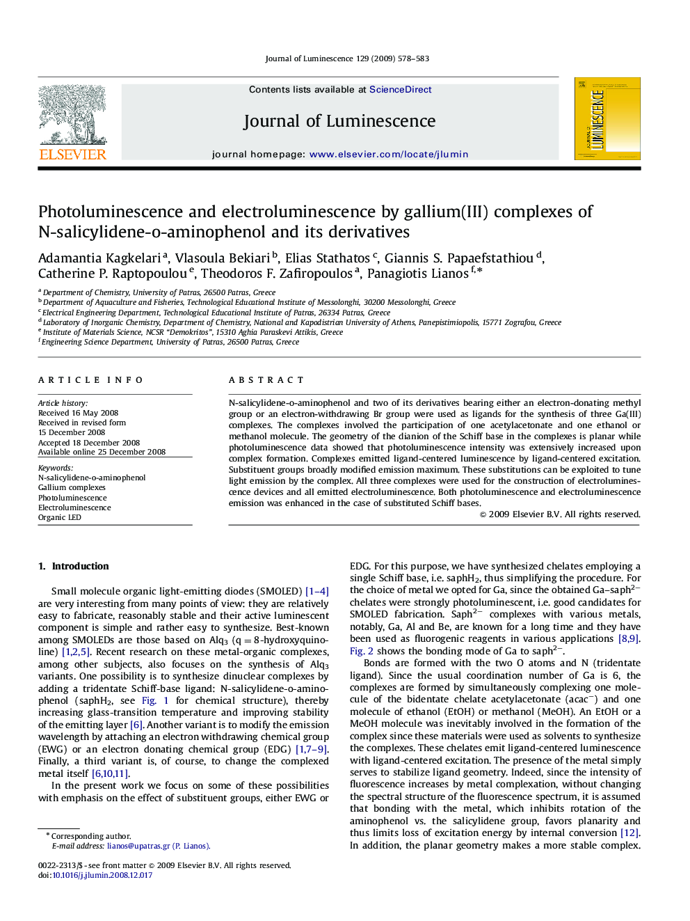 Photoluminescence and electroluminescence by gallium(III) complexes of N-salicylidene-o-aminophenol and its derivatives