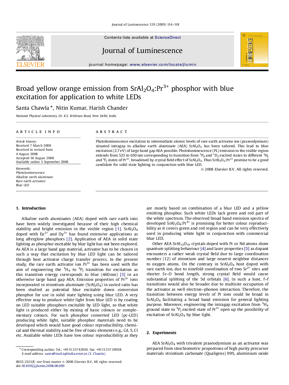 Broad yellow orange emission from SrAl2O4:Pr3+ phosphor with blue excitation for application to white LEDs