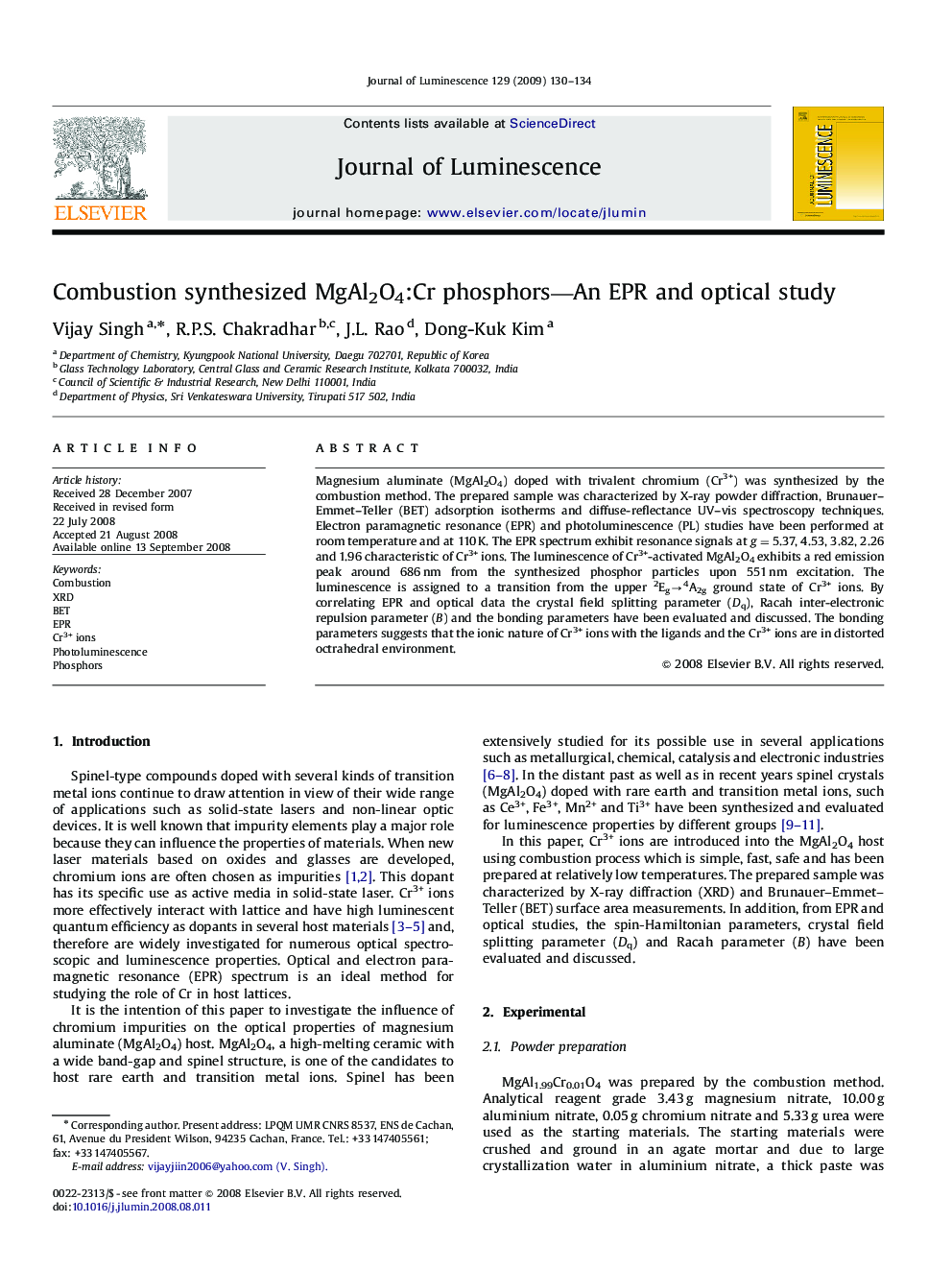 Combustion synthesized MgAl2O4:Cr phosphors-An EPR and optical study