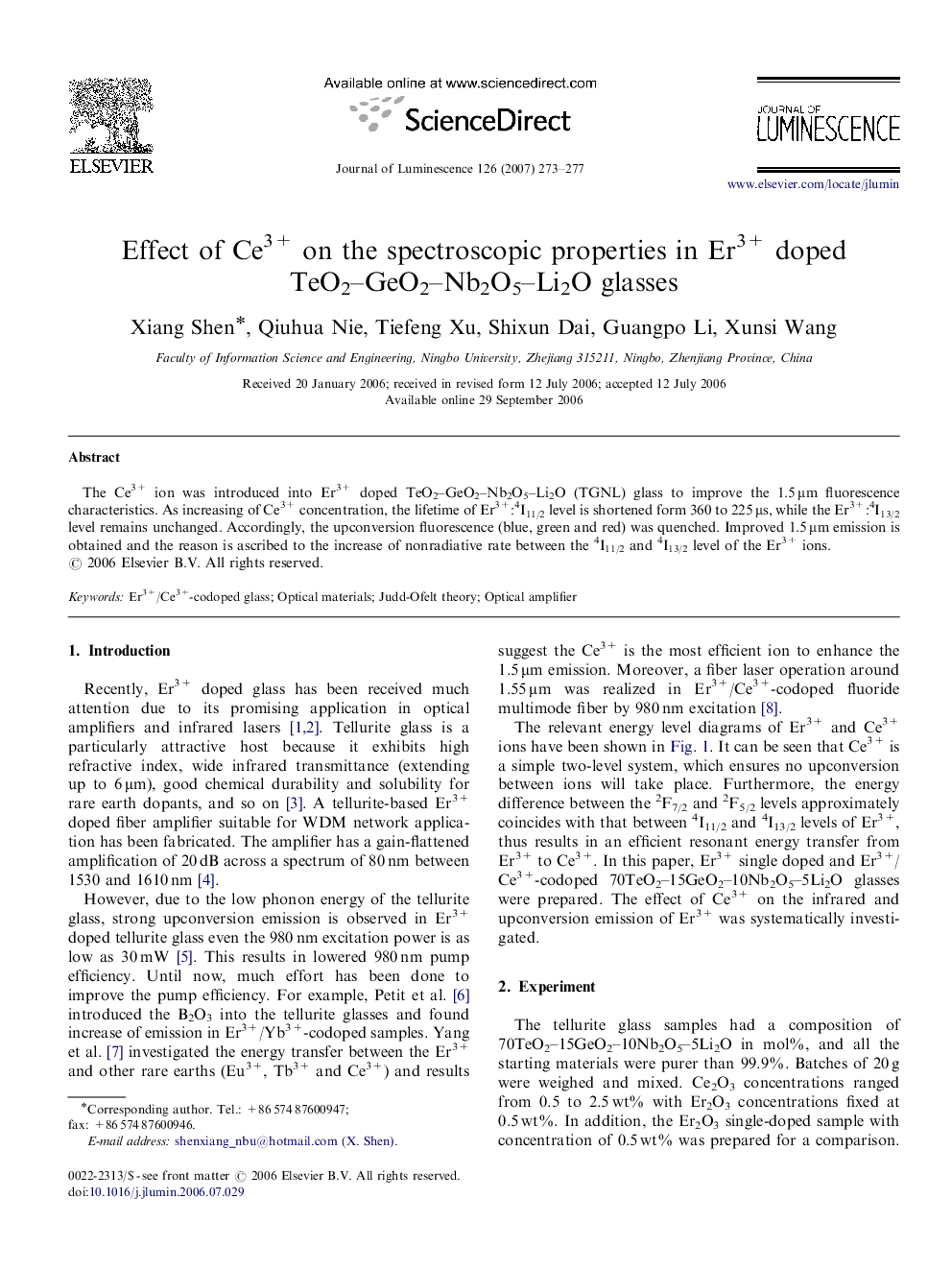 Effect of Ce3+ on the spectroscopic properties in Er3+ doped TeO2-GeO2-Nb2O5-Li2O glasses