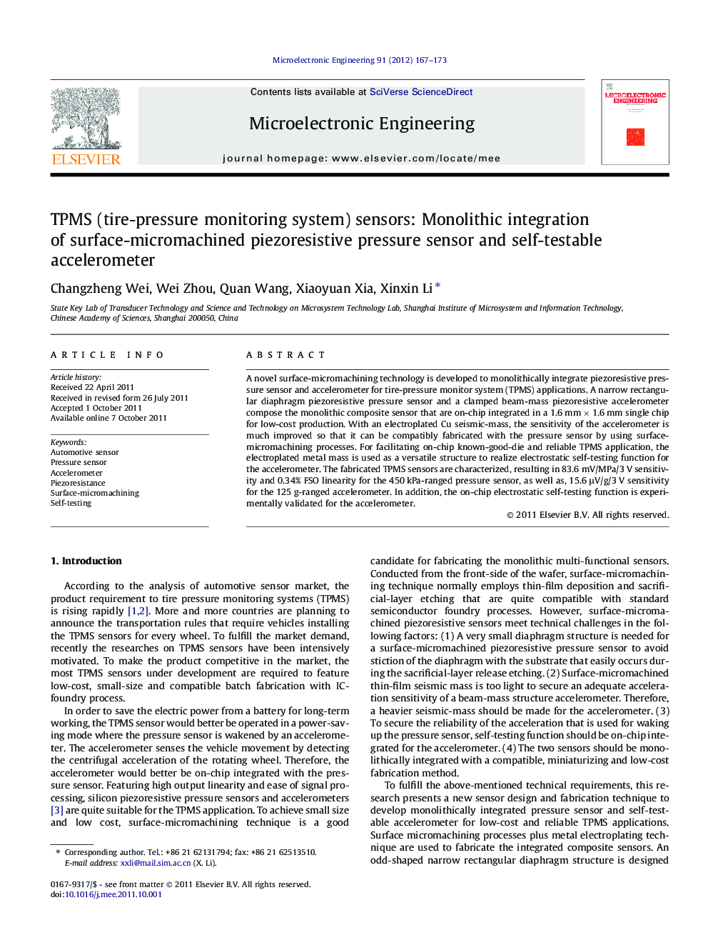 TPMS (tire-pressure monitoring system) sensors: Monolithic integration of surface-micromachined piezoresistive pressure sensor and self-testable accelerometer