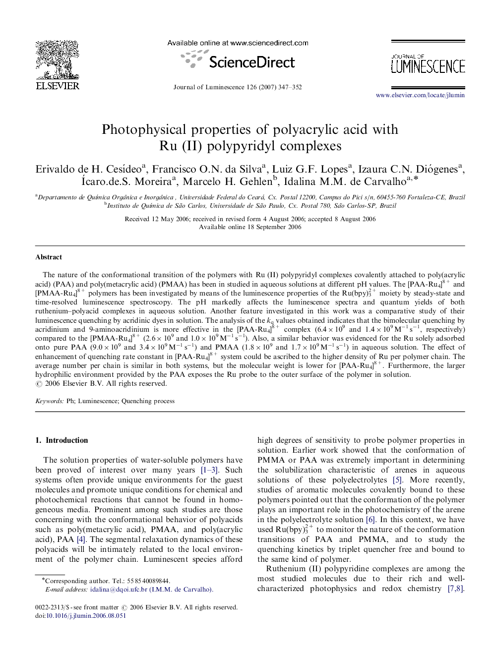 Photophysical properties of polyacrylic acid with Ru (II) polypyridyl complexes
