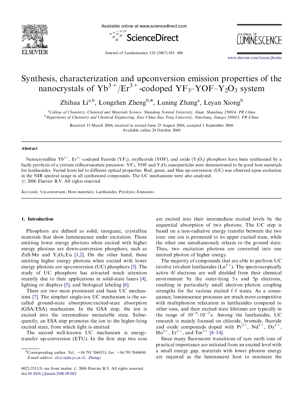 Synthesis, characterization and upconversion emission properties of the nanocrystals of Yb3+/Er3+-codoped YF3-YOF-Y2O3 system