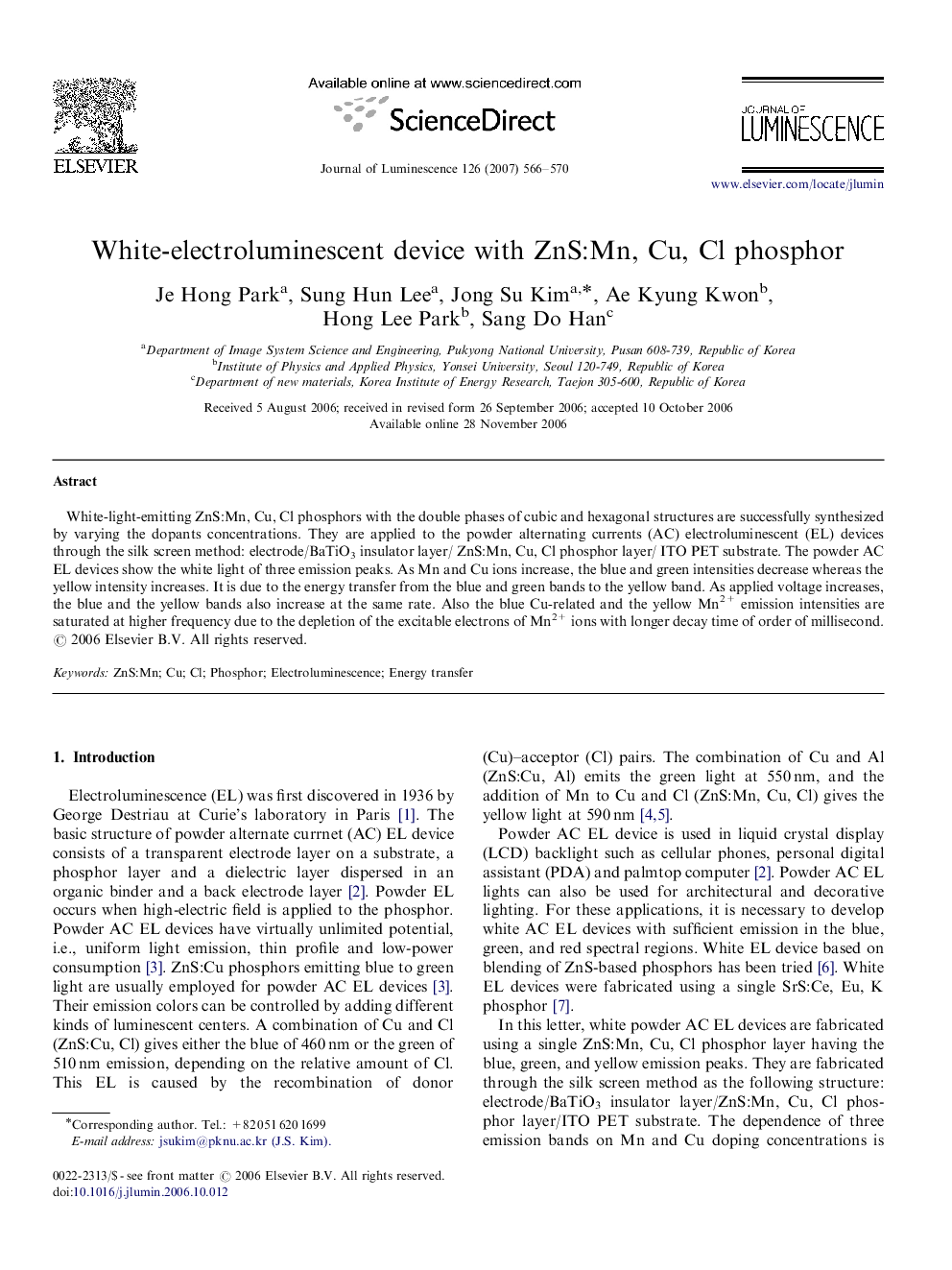 White-electroluminescent device with ZnS:Mn, Cu, Cl phosphor