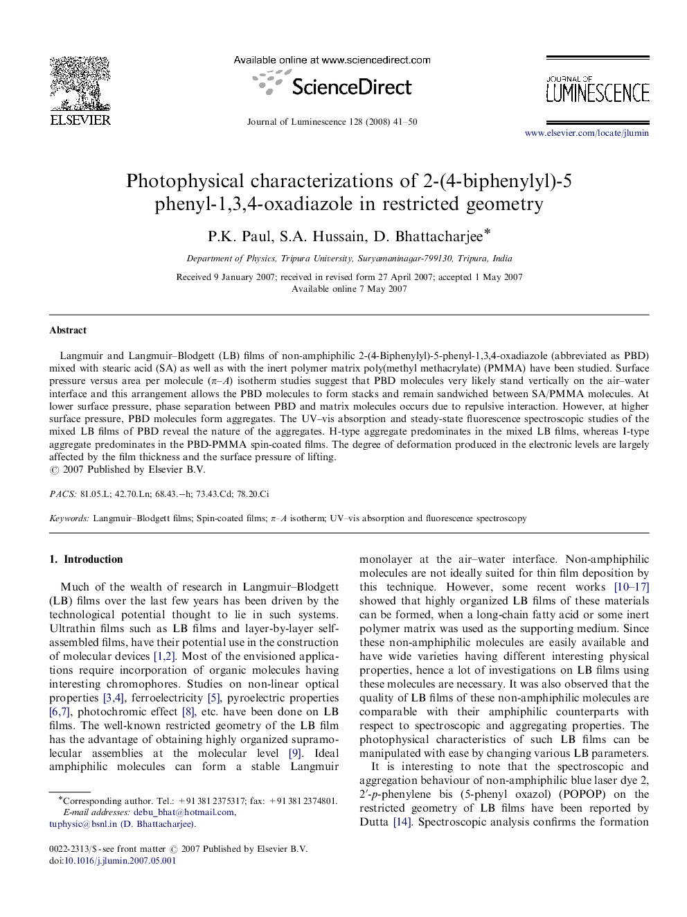 Photophysical characterizations of 2-(4-biphenylyl)-5 phenyl-1,3,4-oxadiazole in restricted geometry