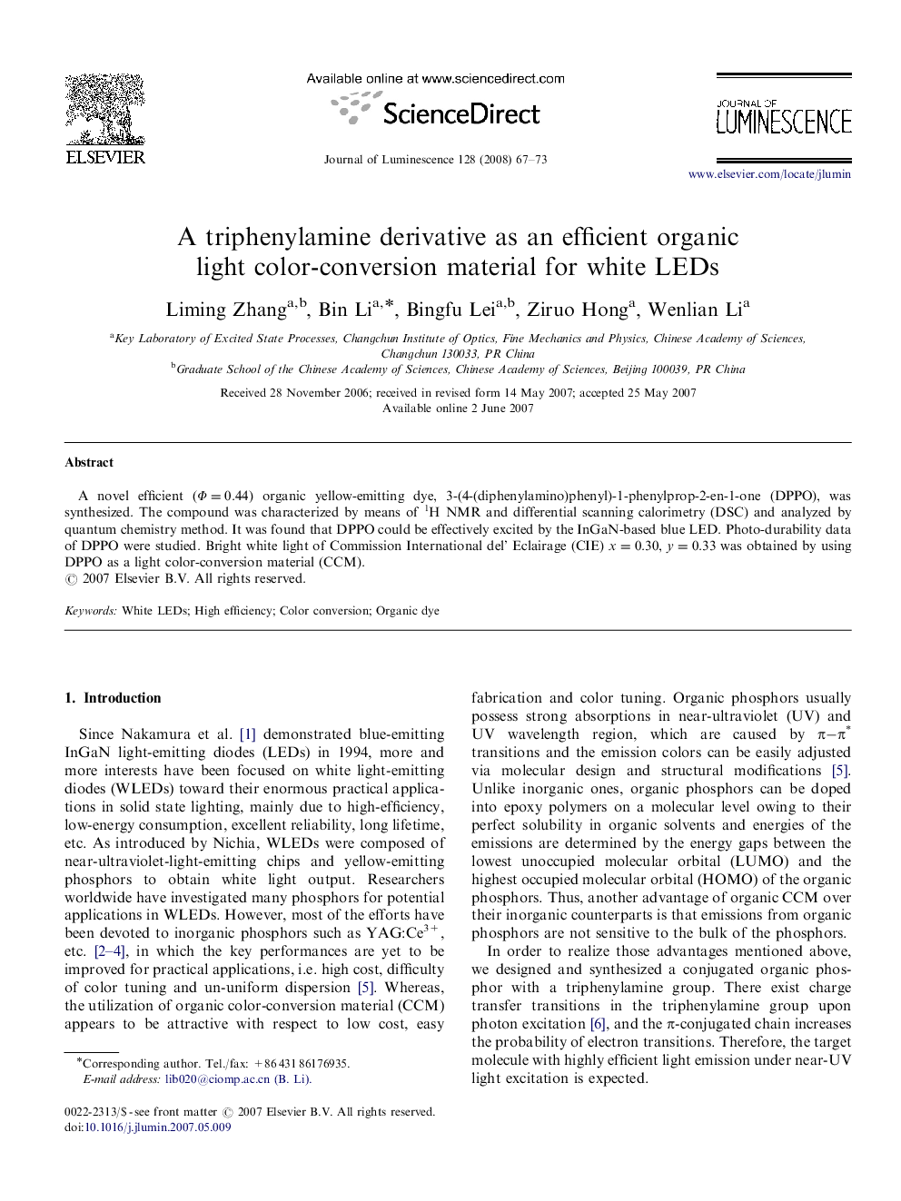 A triphenylamine derivative as an efficient organic light color-conversion material for white LEDs