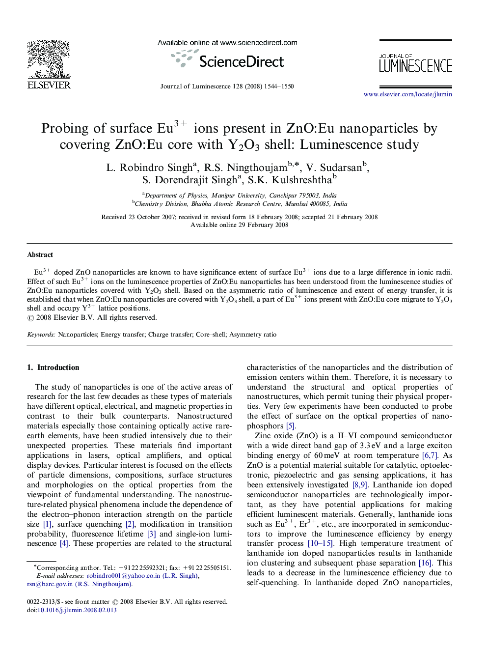 Probing of surface Eu3+ ions present in ZnO:Eu nanoparticles by covering ZnO:Eu core with Y2O3 shell: Luminescence study