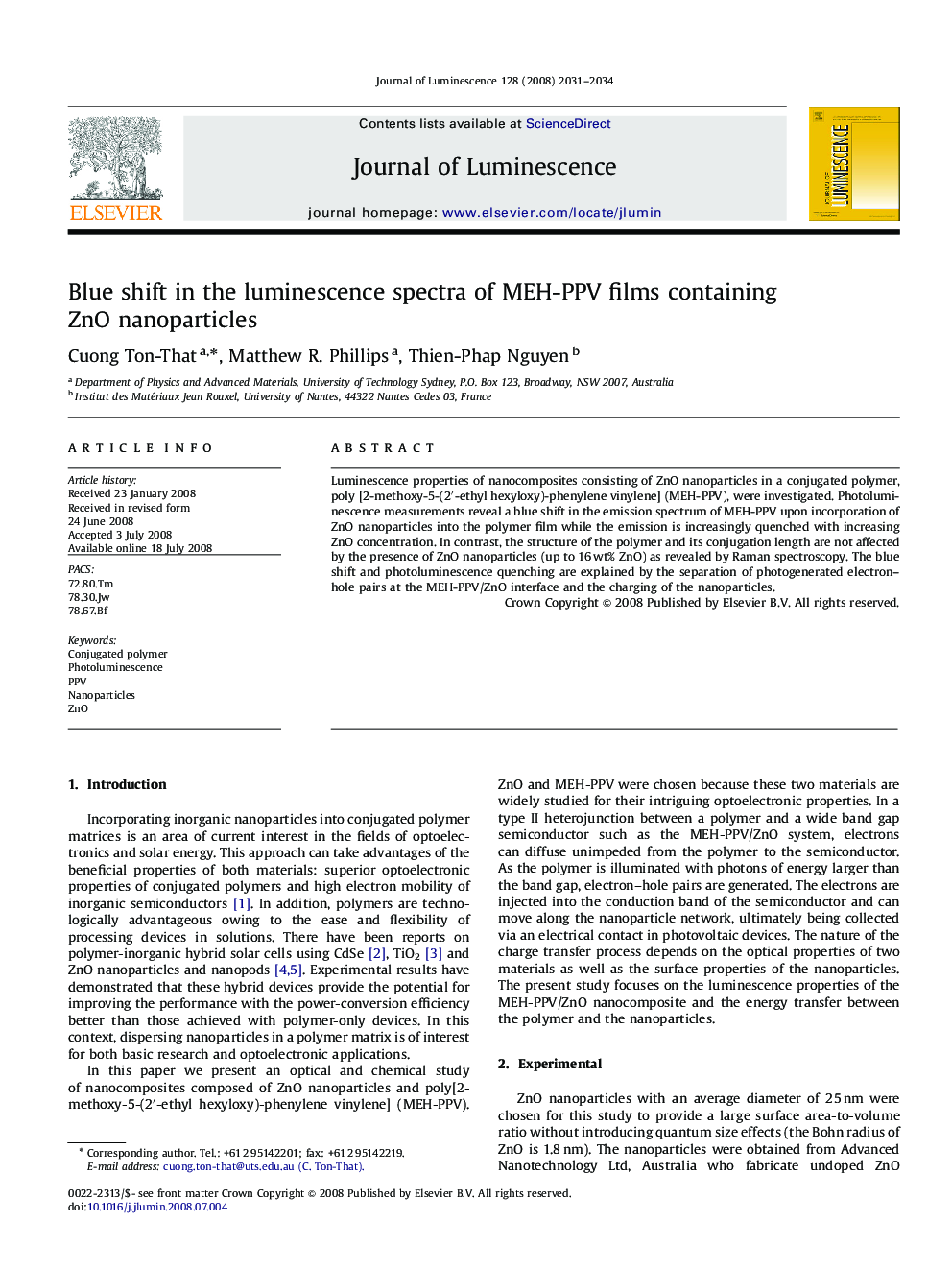 Blue shift in the luminescence spectra of MEH-PPV films containing ZnO nanoparticles