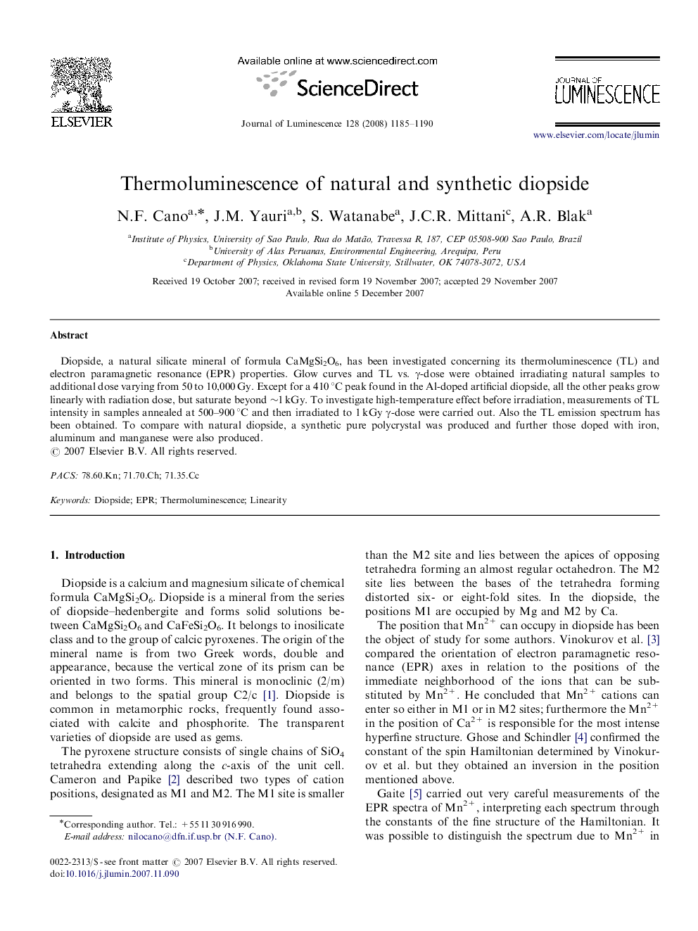 Thermoluminescence of natural and synthetic diopside