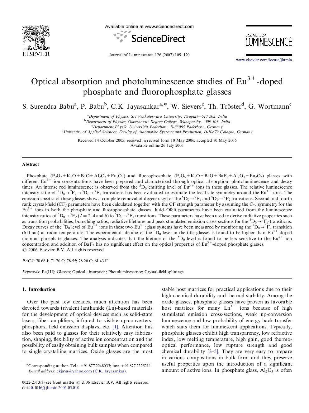 Optical absorption and photoluminescence studies of Eu3+-doped phosphate and fluorophosphate glasses