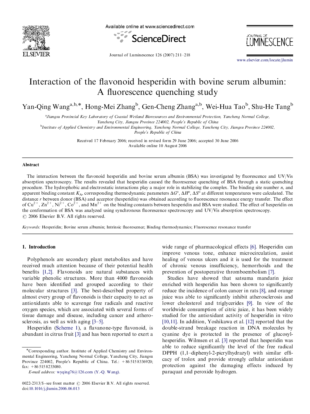 Interaction of the flavonoid hesperidin with bovine serum albumin: A fluorescence quenching study