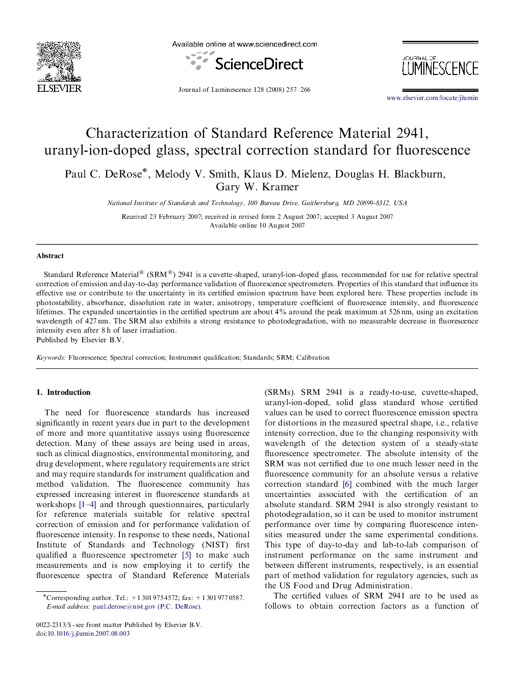 Characterization of Standard Reference Material 2941, uranyl-ion-doped glass, spectral correction standard for fluorescence