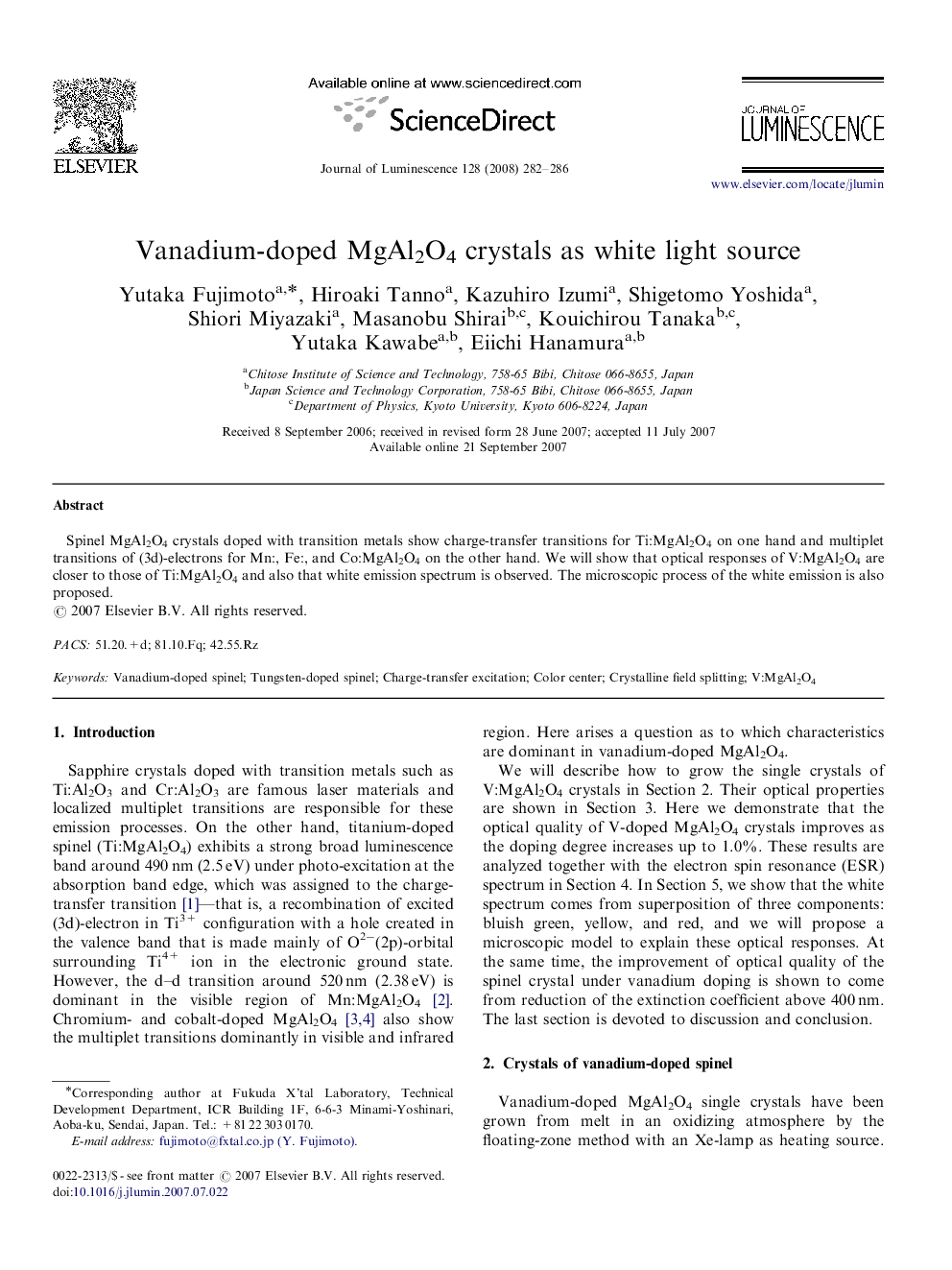 Vanadium-doped MgAl2O4 crystals as white light source