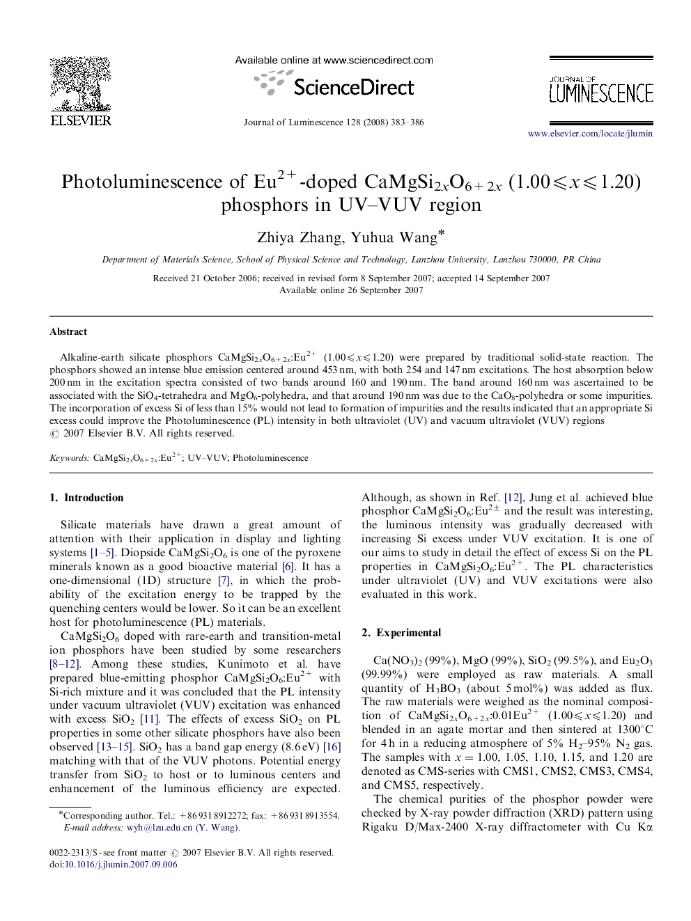 عکس صفحه اول مقاله: Photoluminescence of Eu2+-doped CaMgSi2xO6+2x (1.00⩽x⩽1.20) phosphors in UV-VUV region Photoluminescence of Eu2+-doped CaMgSi2xO6+2x (1.00⩽x⩽1.20) phosphors in UV-VUV region