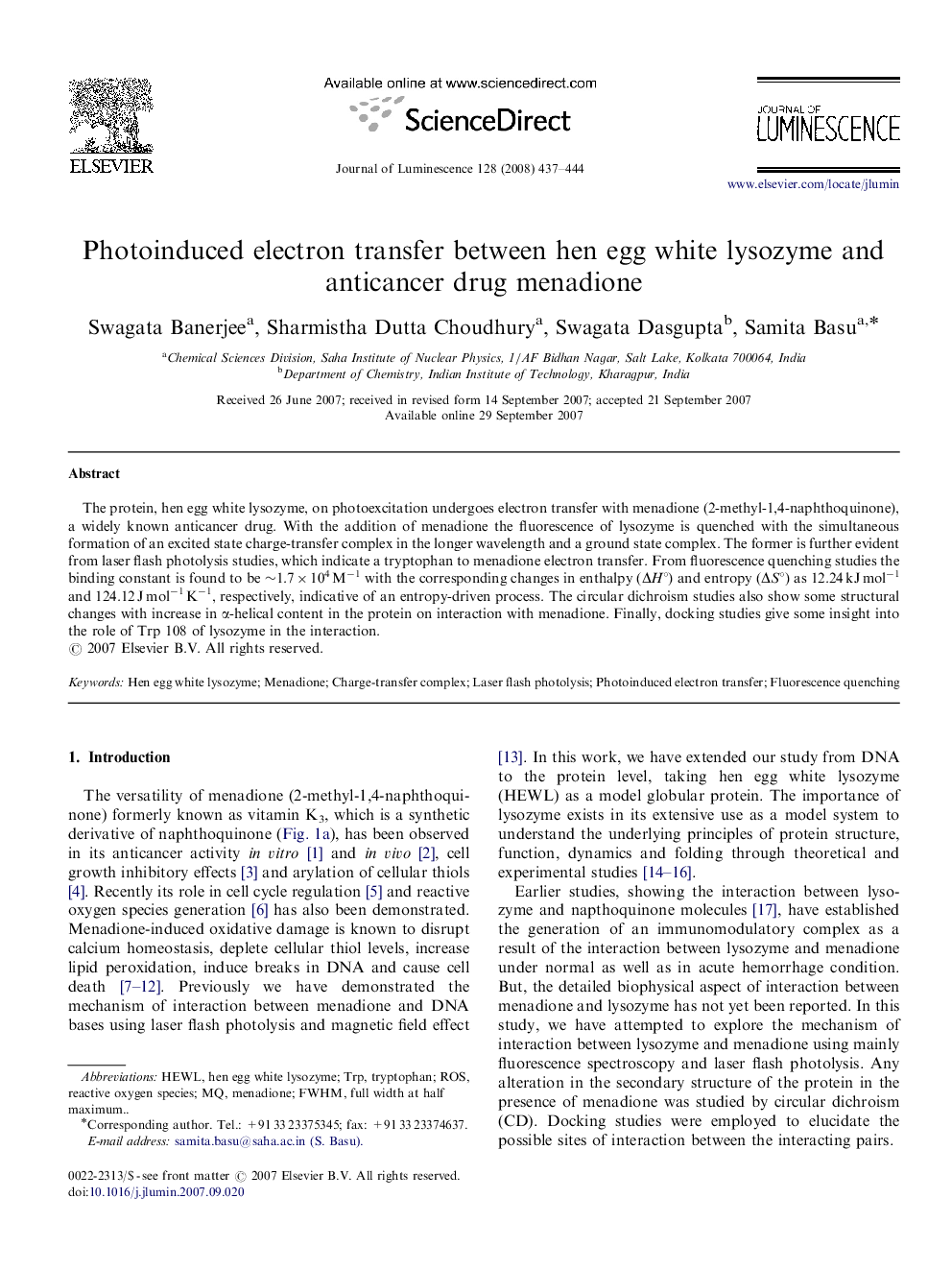 Photoinduced electron transfer between hen egg white lysozyme and anticancer drug menadione