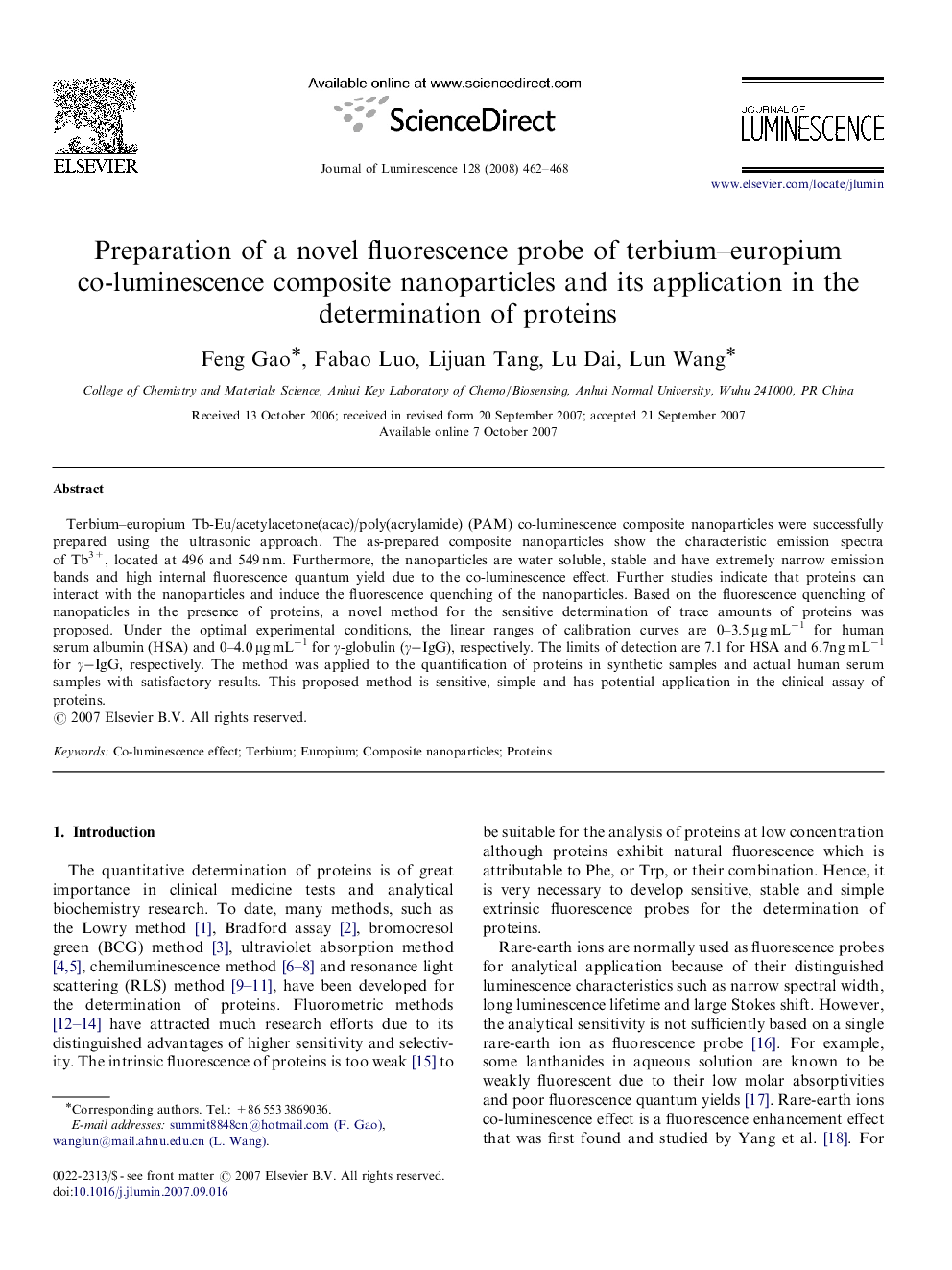 Preparation of a novel fluorescence probe of terbium-europium co-luminescence composite nanoparticles and its application in the determination of proteins