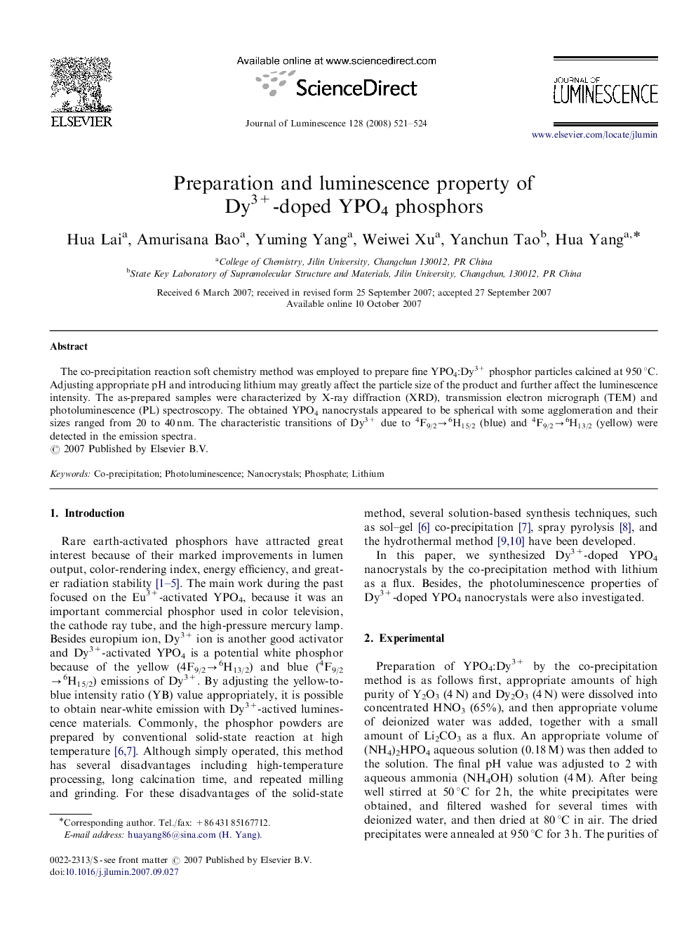 Preparation and luminescence property of Dy3+-doped YPO4 phosphors