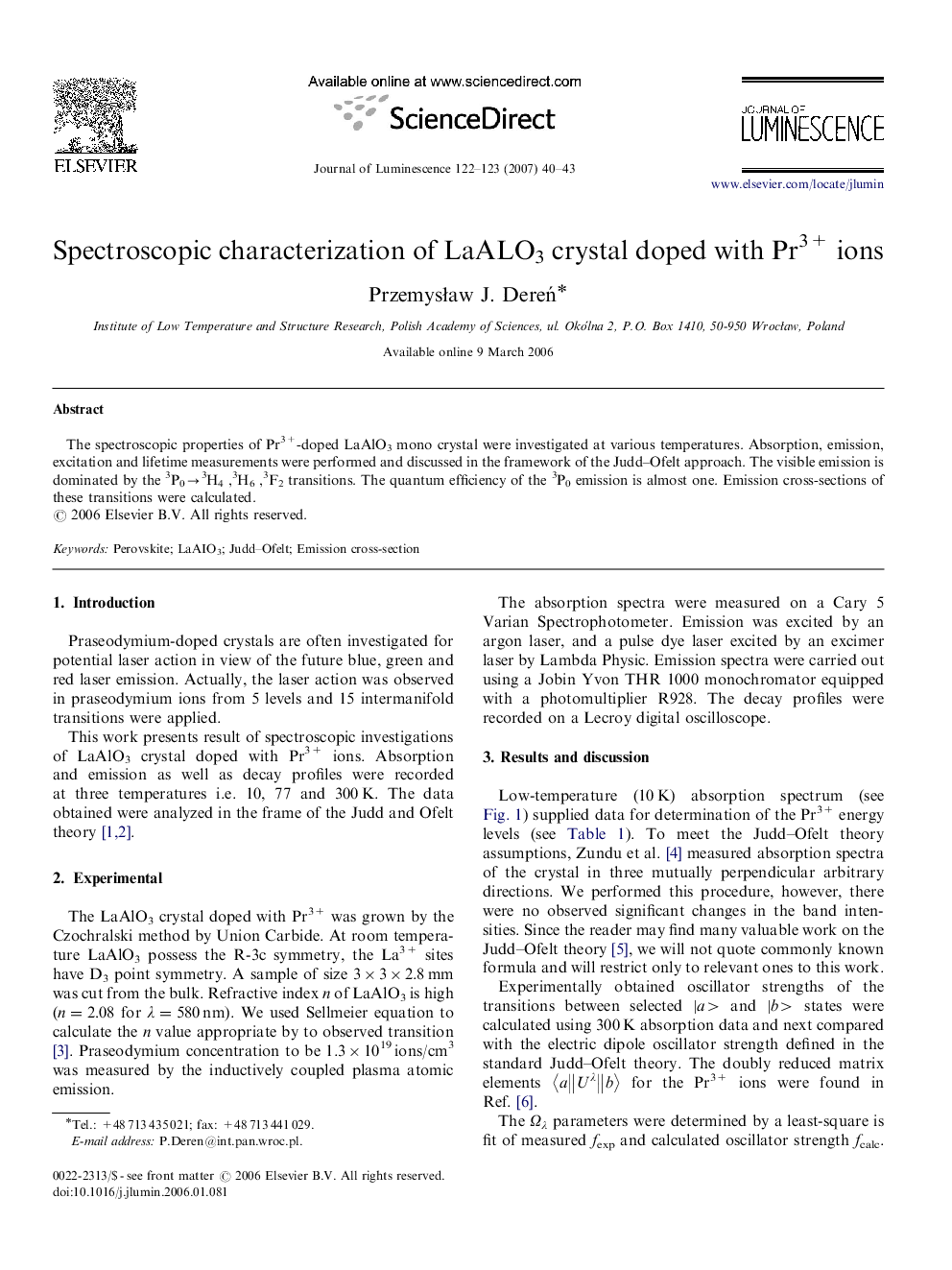 عکس صفحه اول مقاله: Spectroscopic characterization of LaALO3 crystal doped with Pr3+ ions Spectroscopic characterization of LaALO3 crystal doped with Pr3+ ions