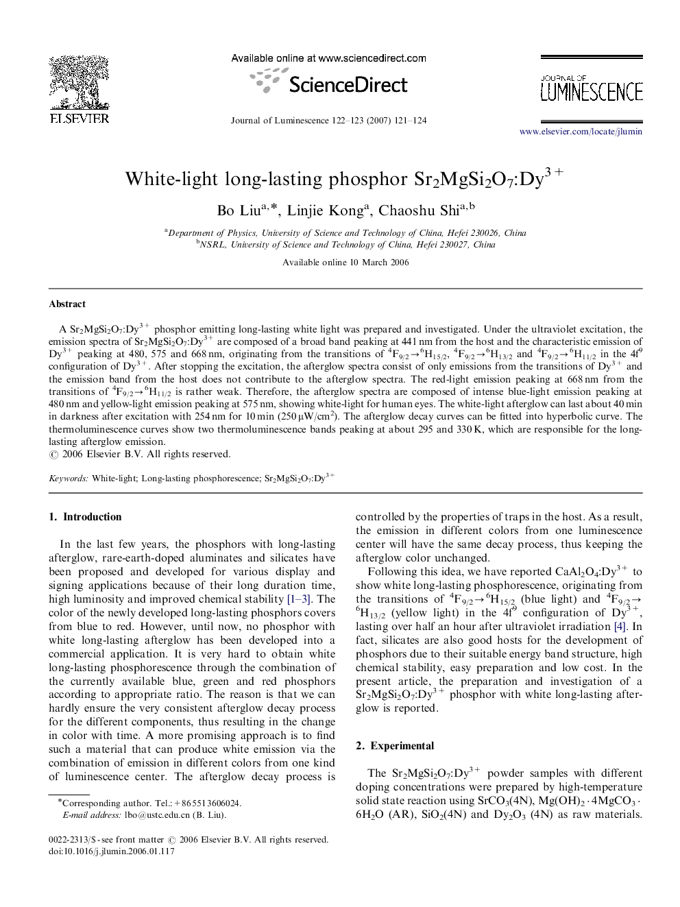 White-light long-lasting phosphor Sr2MgSi2O7:Dy3+