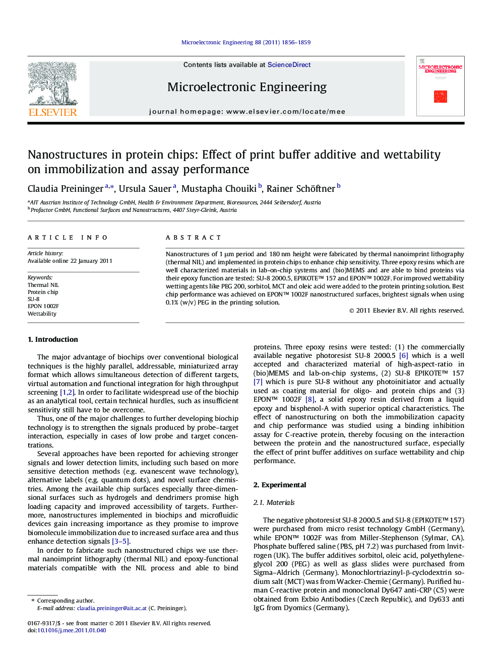 Nanostructures in protein chips: Effect of print buffer additive and wettability on immobilization and assay performance