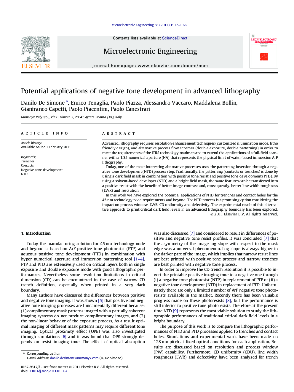 Potential applications of negative tone development in advanced lithography