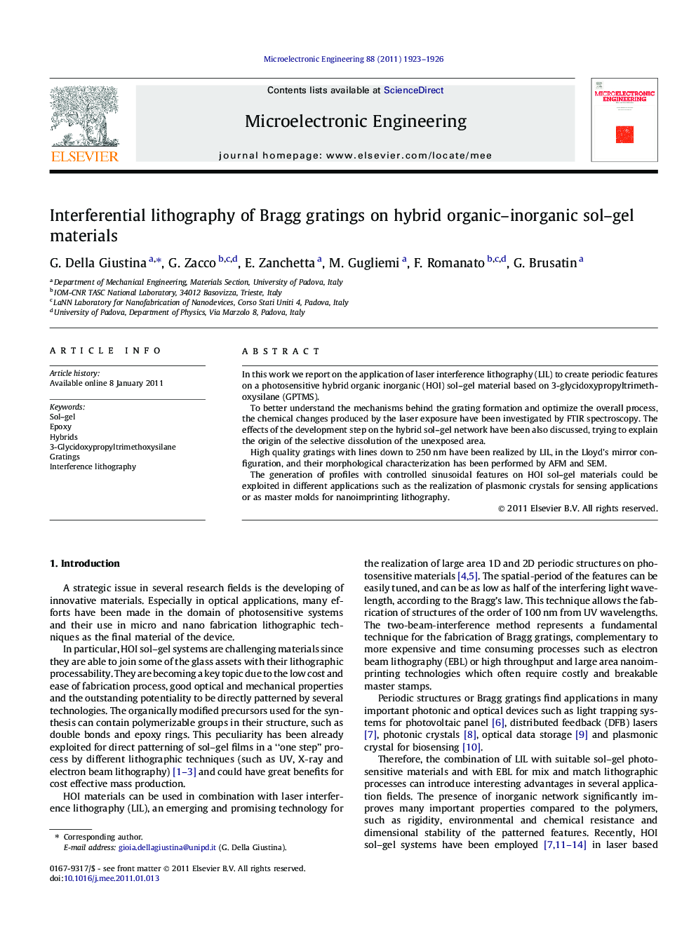 Interferential lithography of Bragg gratings on hybrid organic–inorganic sol–gel materials