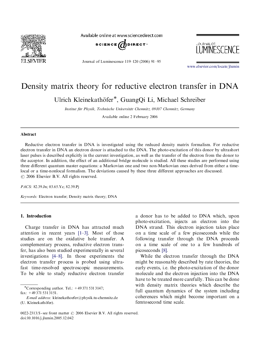 Density matrix theory for reductive electron transfer in DNA