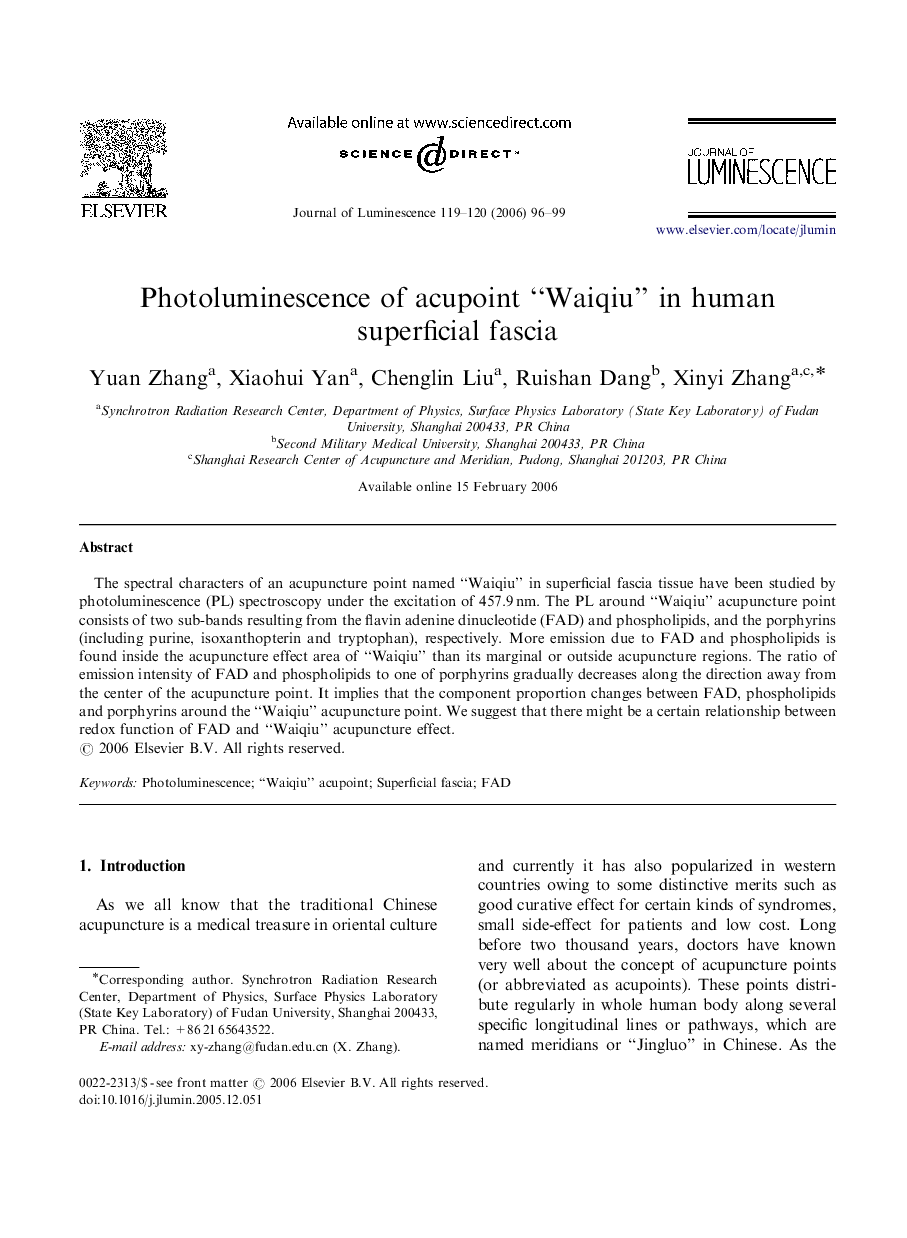 Photoluminescence of acupoint “Waiqiu” in human superficial fascia