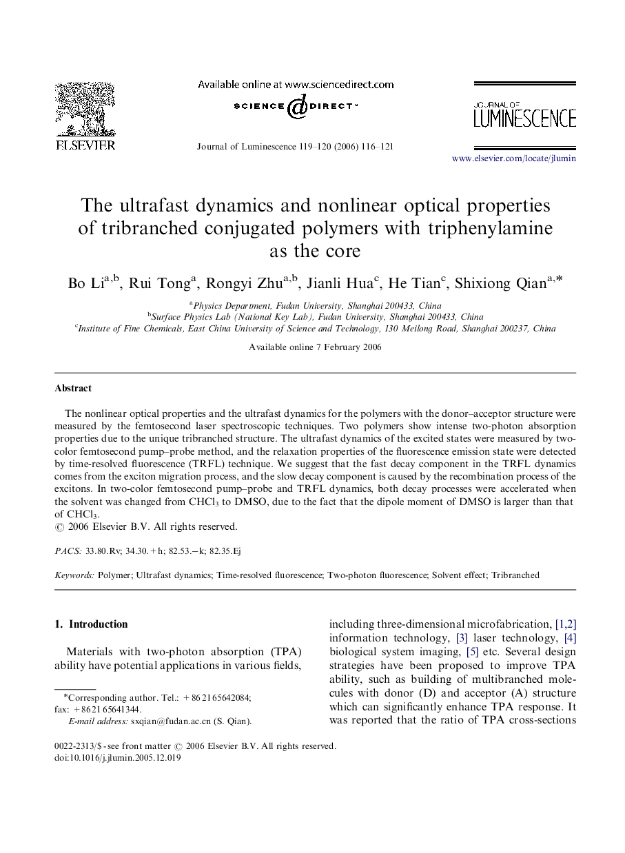 The ultrafast dynamics and nonlinear optical properties of tribranched conjugated polymers with triphenylamine as the core