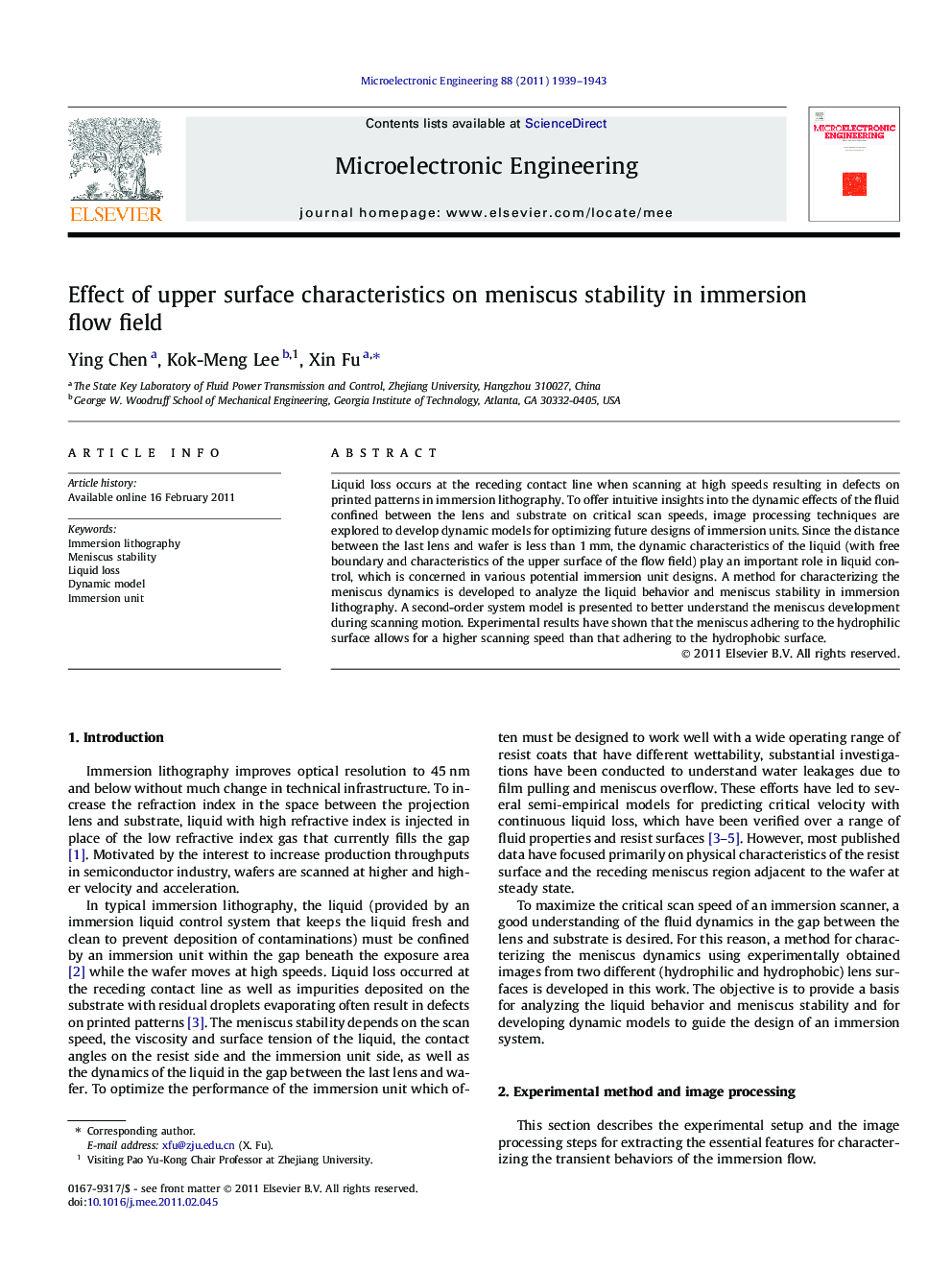 عکس صفحه اول مقاله: Effect of upper surface characteristics on meniscus stability in immersion flow field Effect of upper surface characteristics on meniscus stability in immersion flow field
