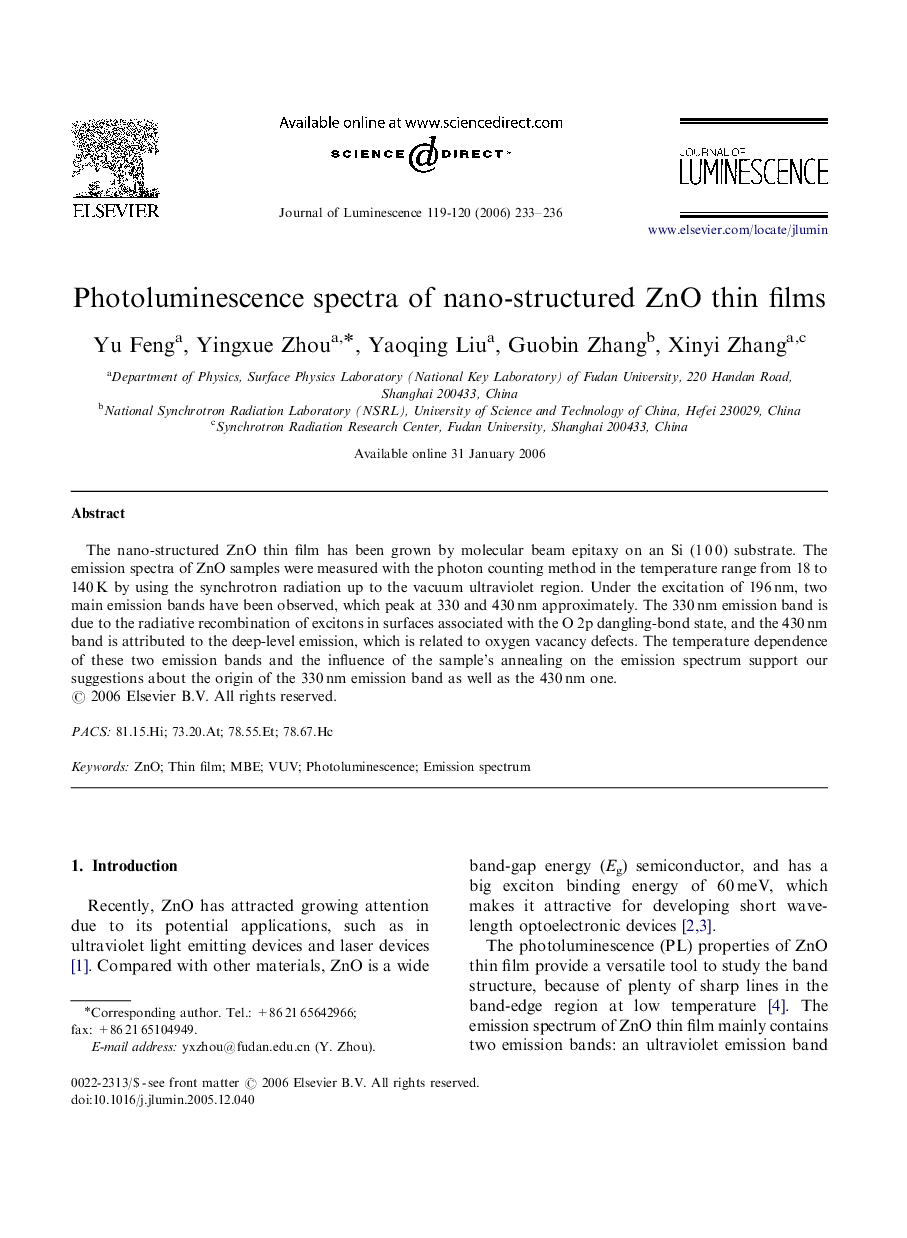 Photoluminescence spectra of nano-structured ZnO thin films