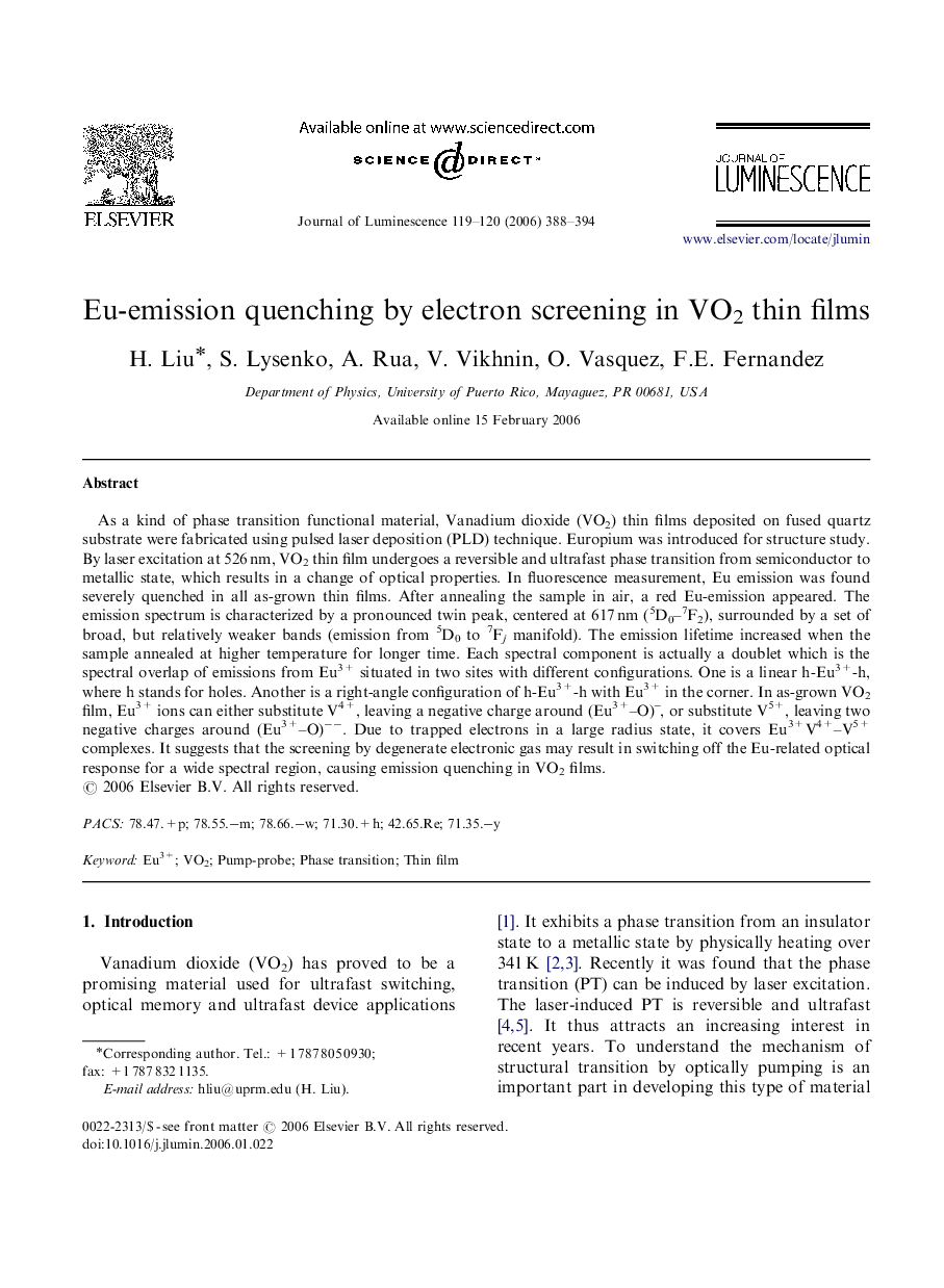 Eu-emission quenching by electron screening in VO2 thin films