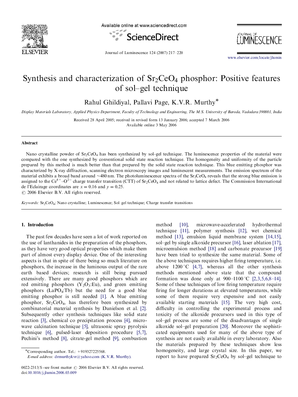 Synthesis and characterization of Sr2CeO4 phosphor: Positive features of sol-gel technique