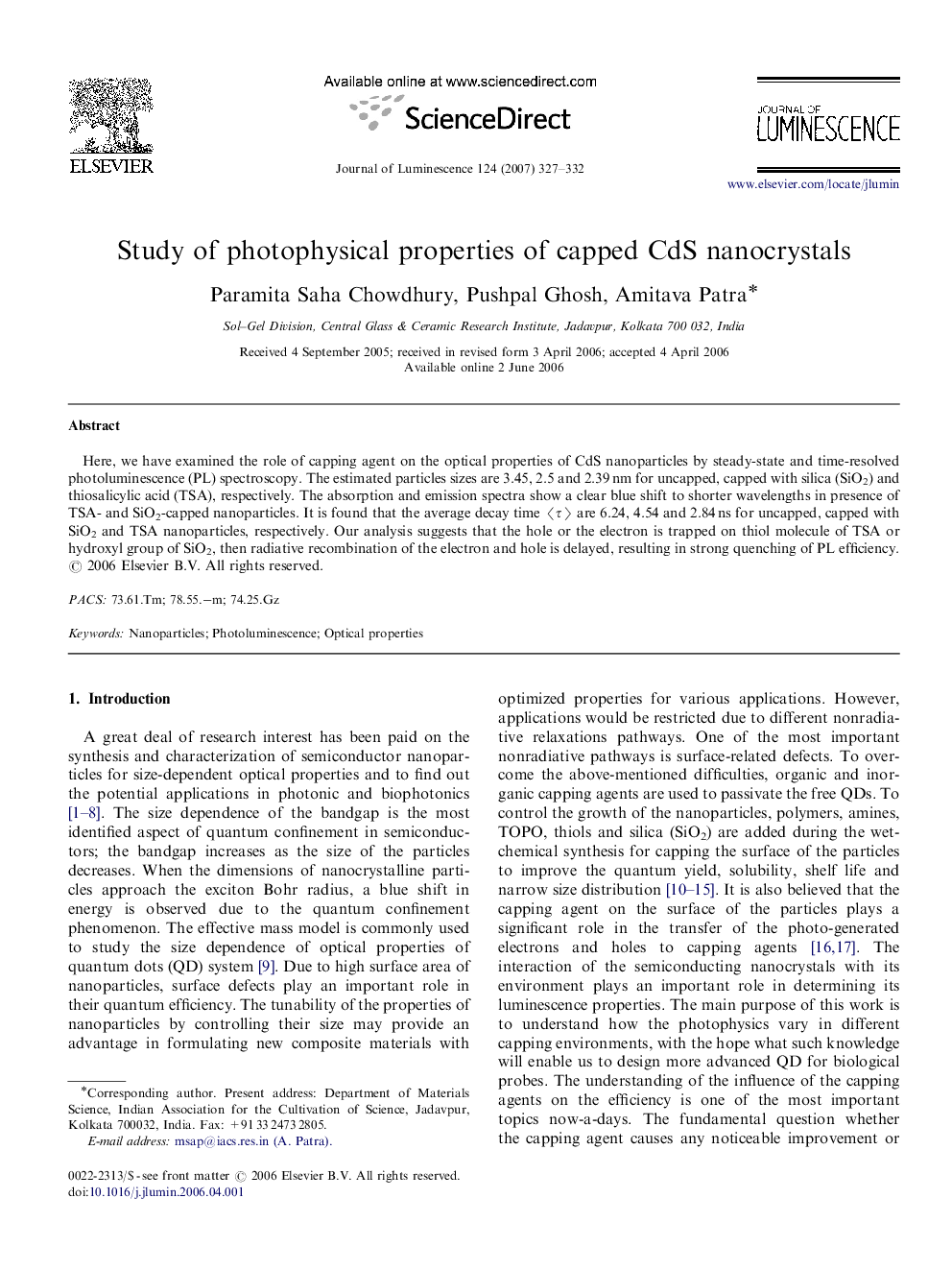 عکس صفحه اول مقاله: Study of photophysical properties of capped CdS nanocrystals Study of photophysical properties of capped CdS nanocrystals