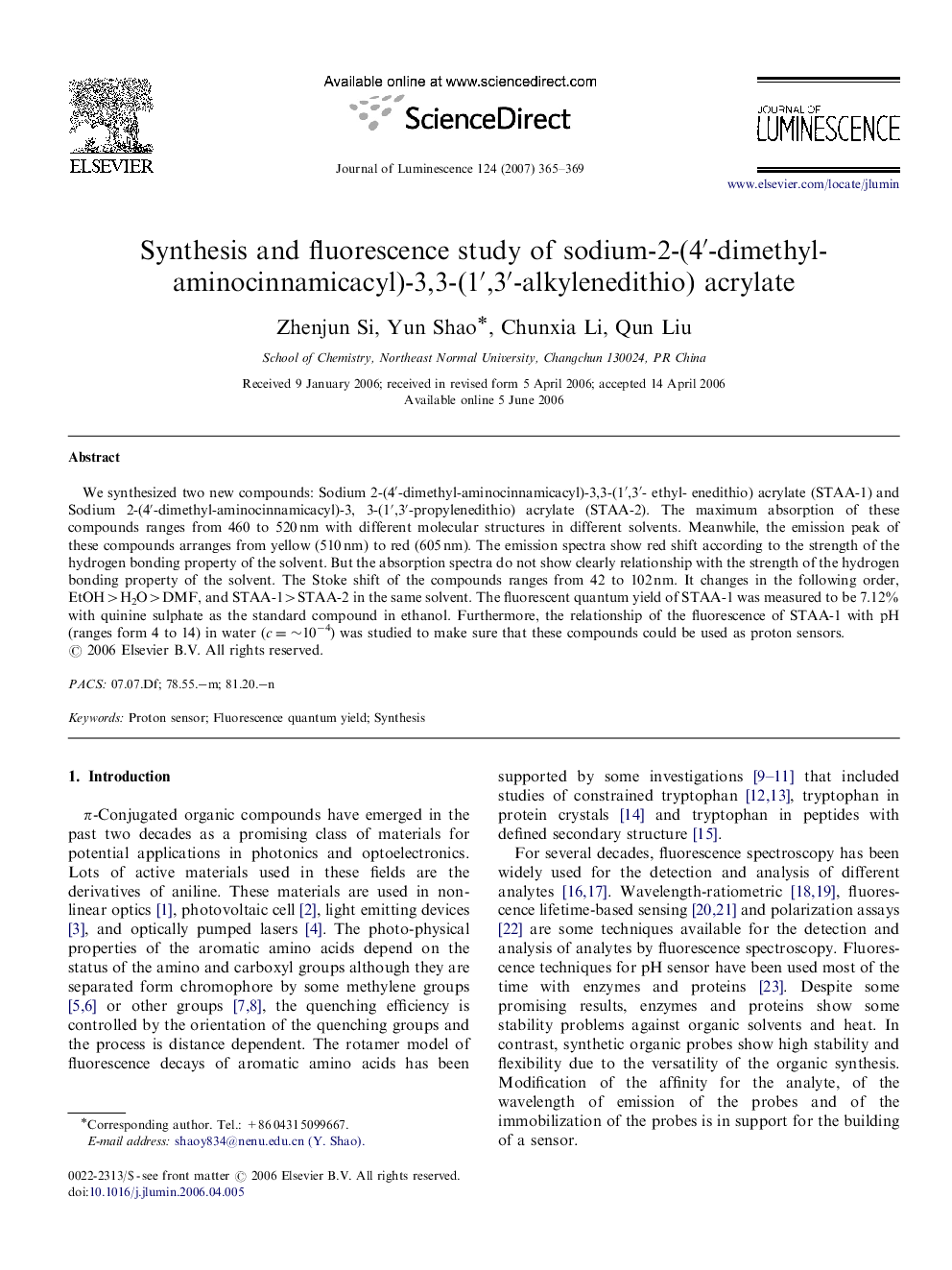 Synthesis and fluorescence study of sodium-2-(4â²-dimethyl-aminocinnamicacyl)-3,3-(1â²,3â²-alkylenedithio) acrylate