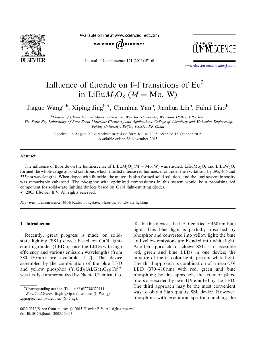 Influence of fluoride on f-f transitions of Eu3+ in LiEuM2O8 (M=Mo, W)