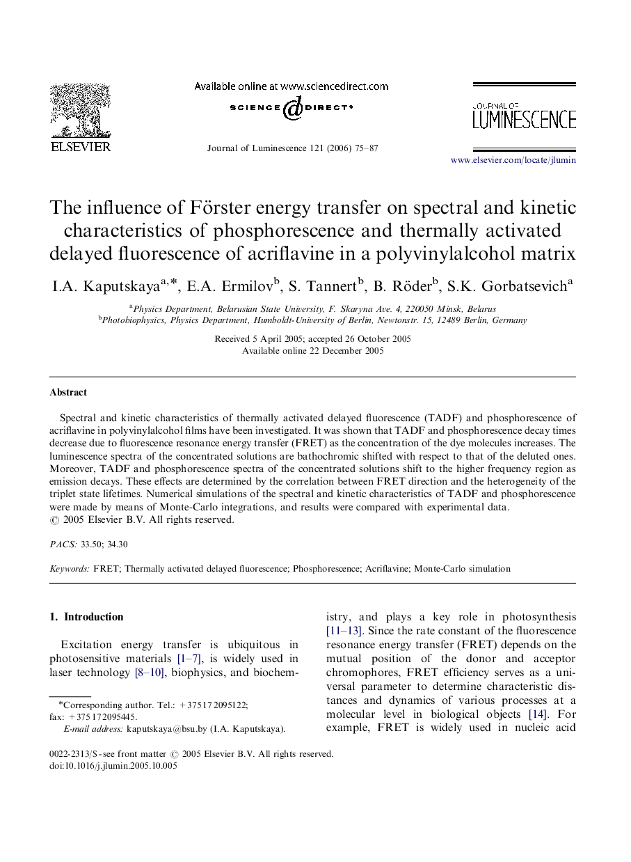 The influence of Förster energy transfer on spectral and kinetic characteristics of phosphorescence and thermally activated delayed fluorescence of acriflavine in a polyvinylalcohol matrix