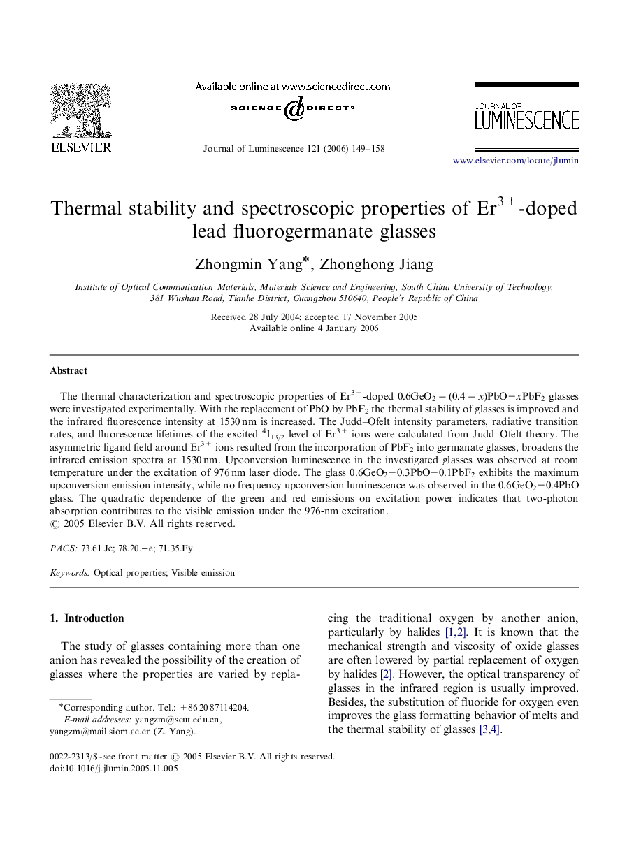 Thermal stability and spectroscopic properties of Er3+-doped lead fluorogermanate glasses