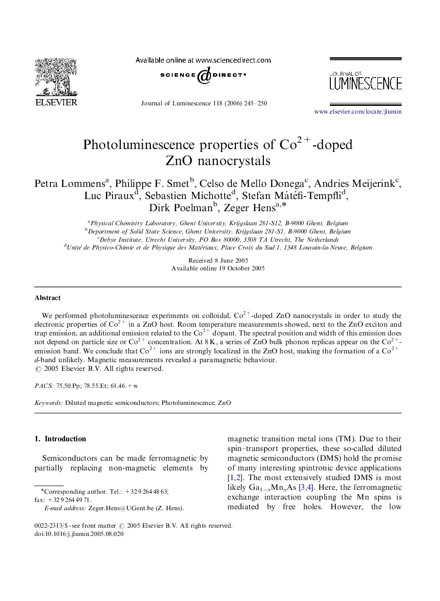 Photoluminescence properties of Co2+-doped ZnO nanocrystals