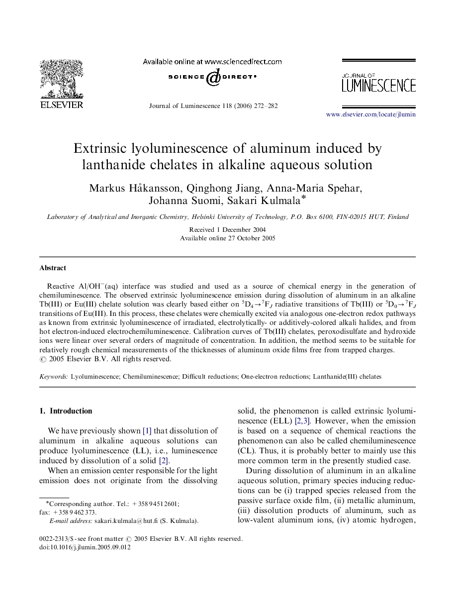 Extrinsic lyoluminescence of aluminum induced by lanthanide chelates in alkaline aqueous solution