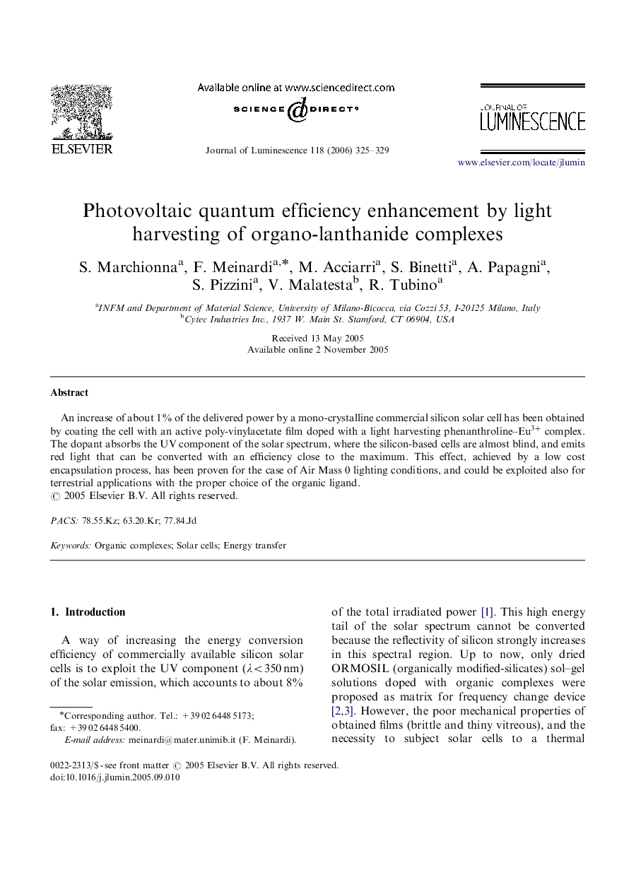 Photovoltaic quantum efficiency enhancement by light harvesting of organo-lanthanide complexes