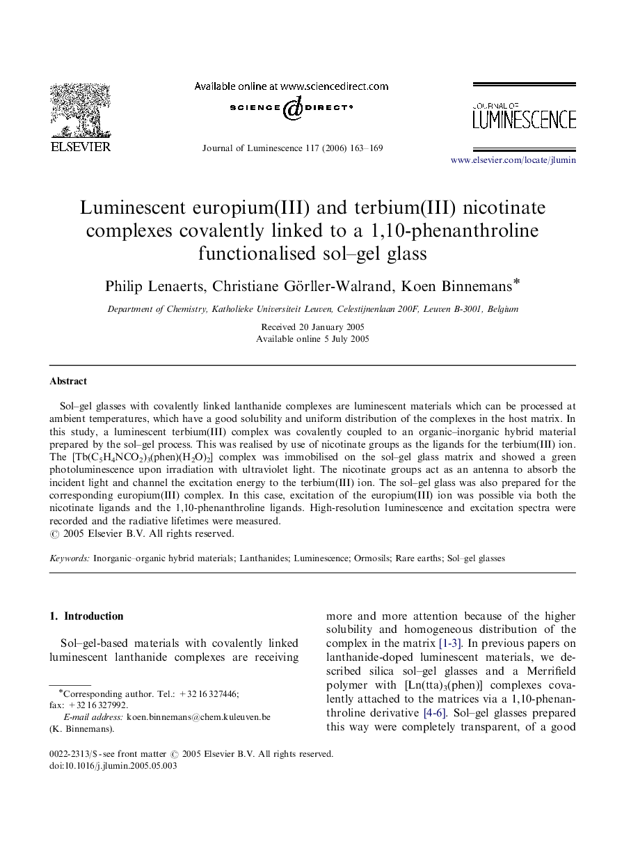 Luminescent europium(III) and terbium(III) nicotinate complexes covalently linked to a 1,10-phenanthroline functionalised sol-gel glass