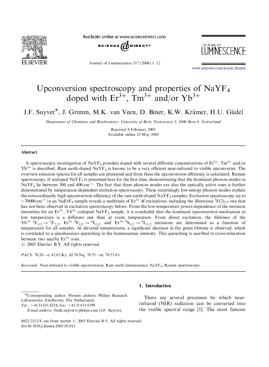 Upconversion spectroscopy and properties of NaYF4 doped with Er3+, Tm3+ and/or Yb3+