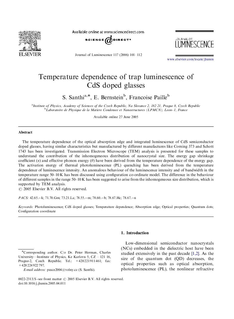 Temperature dependence of trap luminescence of CdS doped glasses