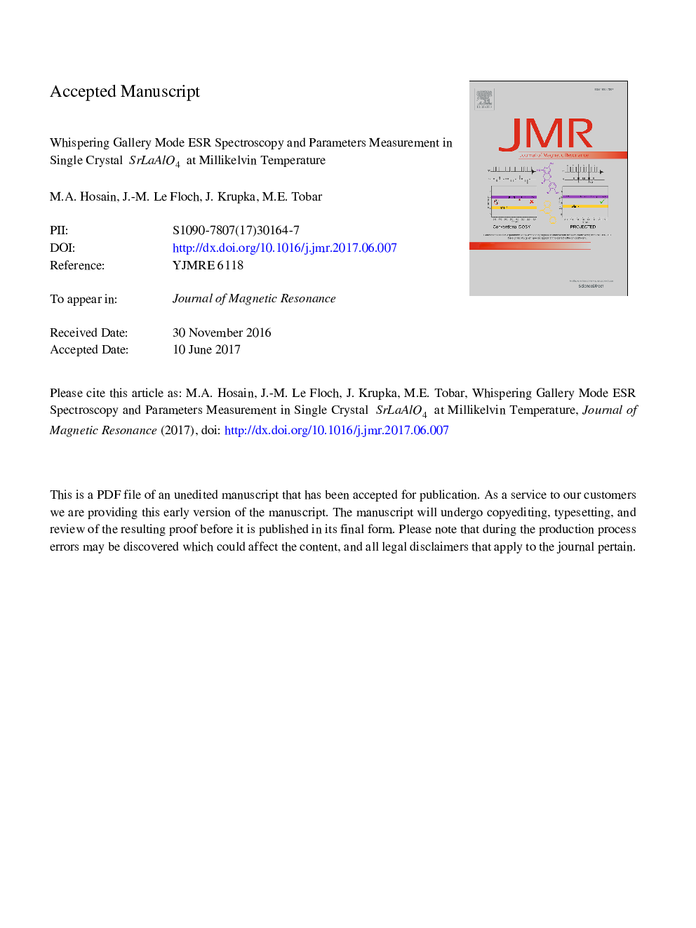 Whispering Gallery mode ESR spectroscopy and parameters measurement in single crystal SrLaAlO4 at millikelvin temperature