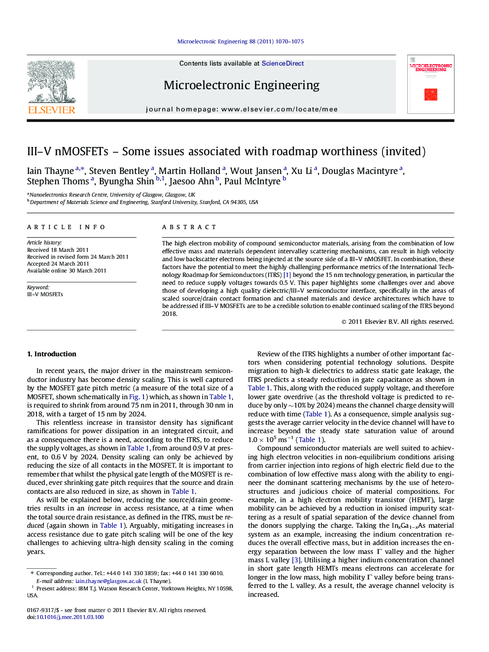 III–V nMOSFETs – Some issues associated with roadmap worthiness (invited)