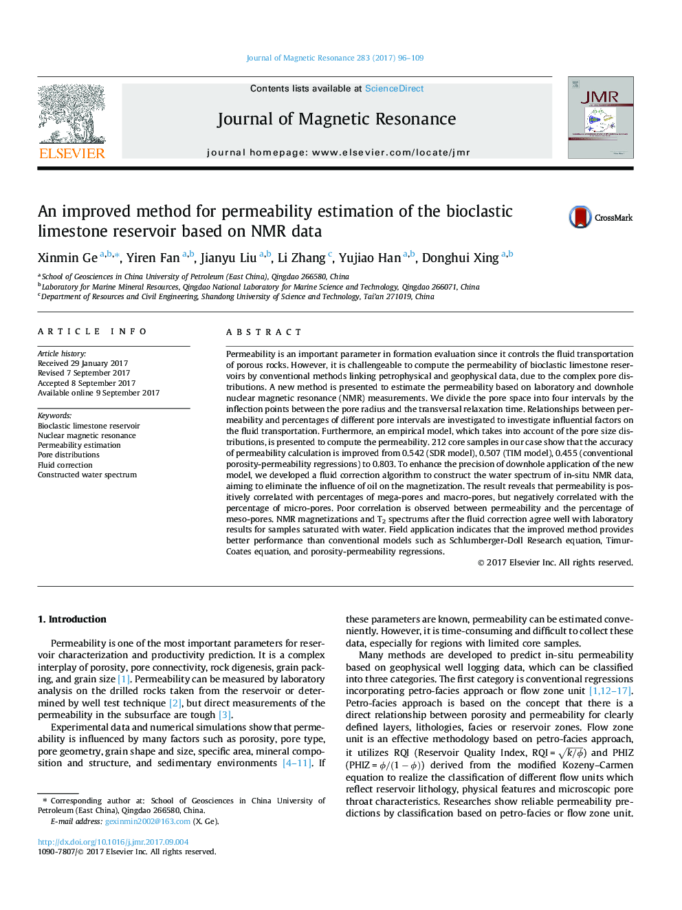 An improved method for permeability estimation of the bioclastic limestone reservoir based on NMR data