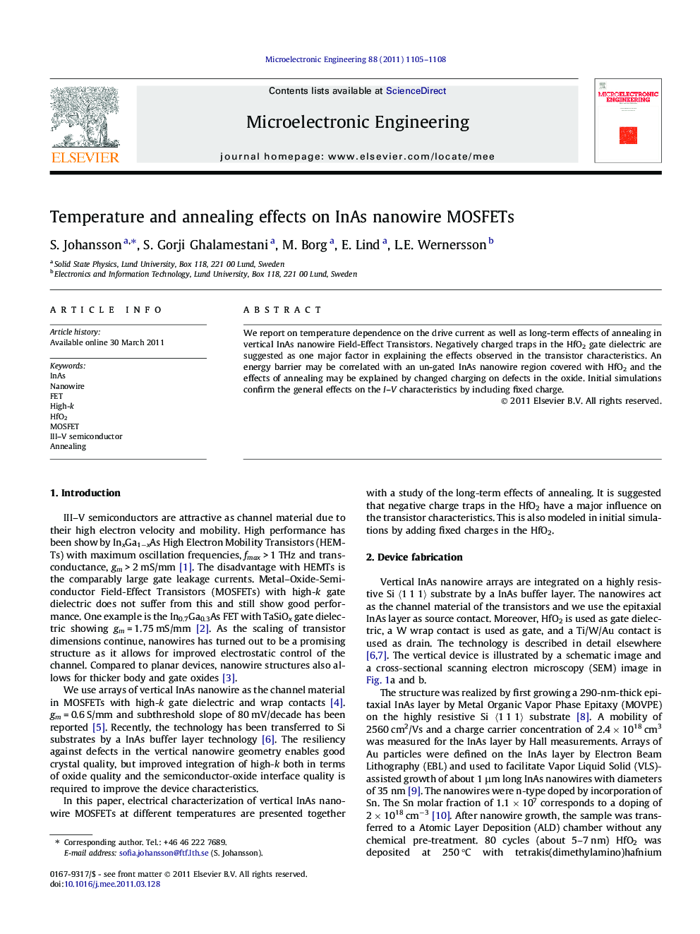 Temperature and annealing effects on InAs nanowire MOSFETs