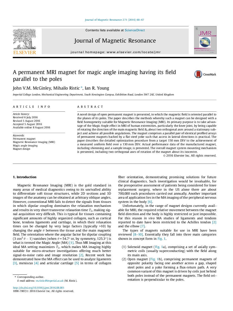 A permanent MRI magnet for magic angle imaging having its field parallel to the poles